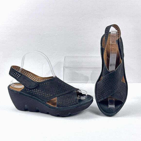 Clarks Reedly Variel Sandals Womens 8 Black Wedge Slingback Perforated Platform - Picture 1 of 13
